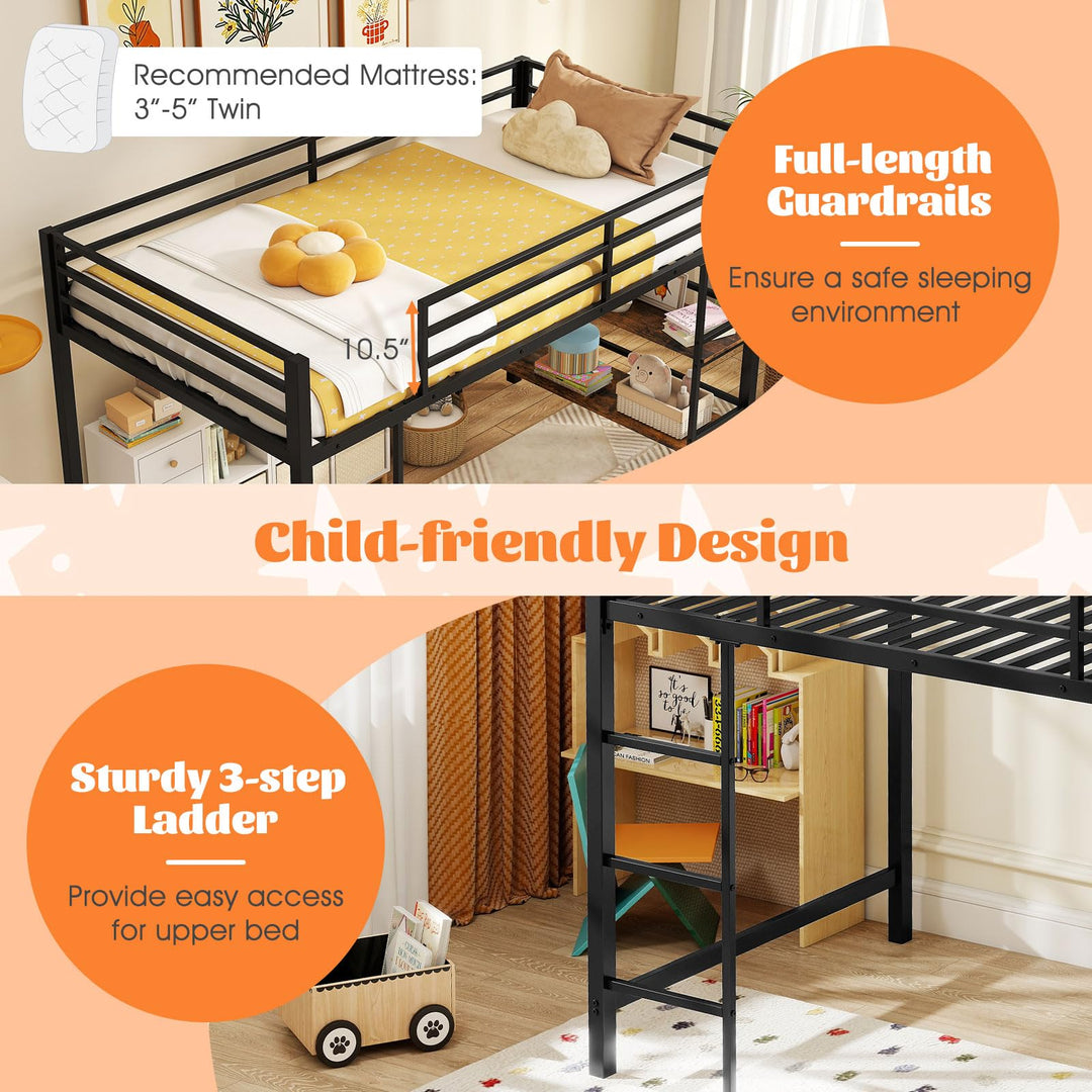 Giantex Low Loft Bed Twin Size Heavy Duty Metal Frame w/Storage Shelves