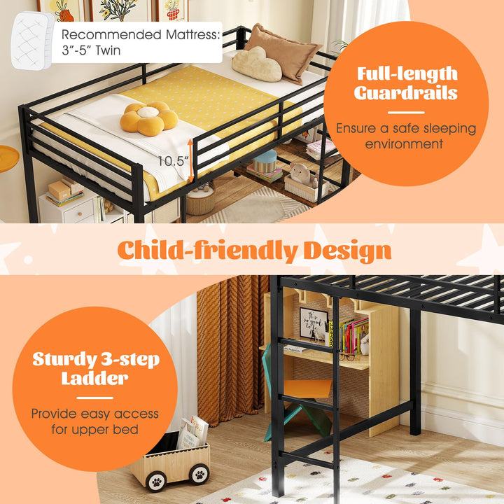 Giantex Low Loft Bed Twin Size Heavy Duty Metal Frame w/Storage Shelves