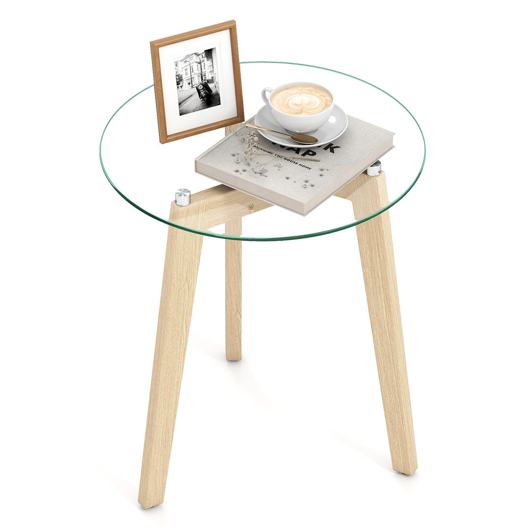 Giantex Glass Round Side Table w/Tempered Glass Top &amp; Rubber Wood Frame