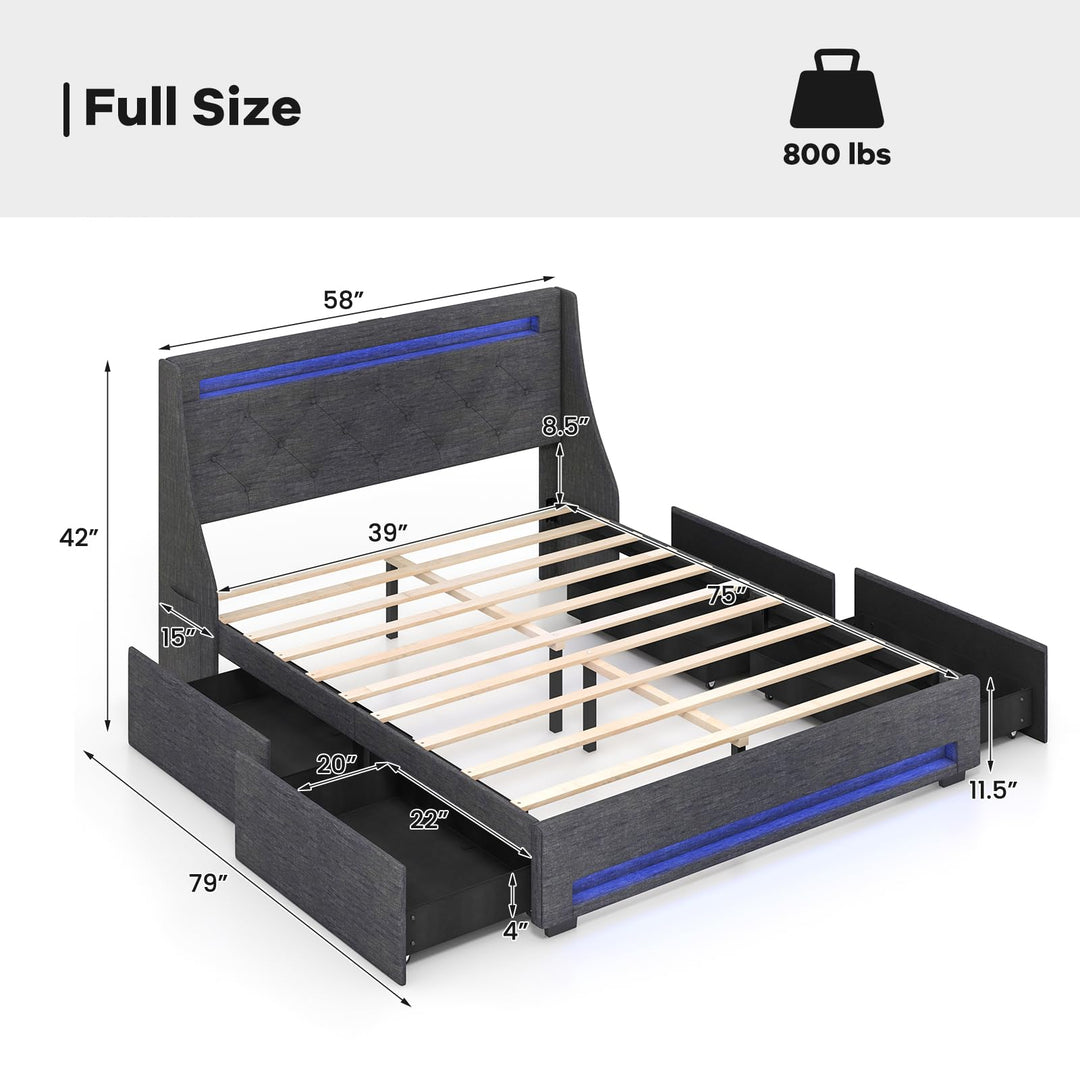Giantex Full Size Bed Frame with LED Lights &amp; Charging Station, Upholstered Platform Bed with Wingback Headboard