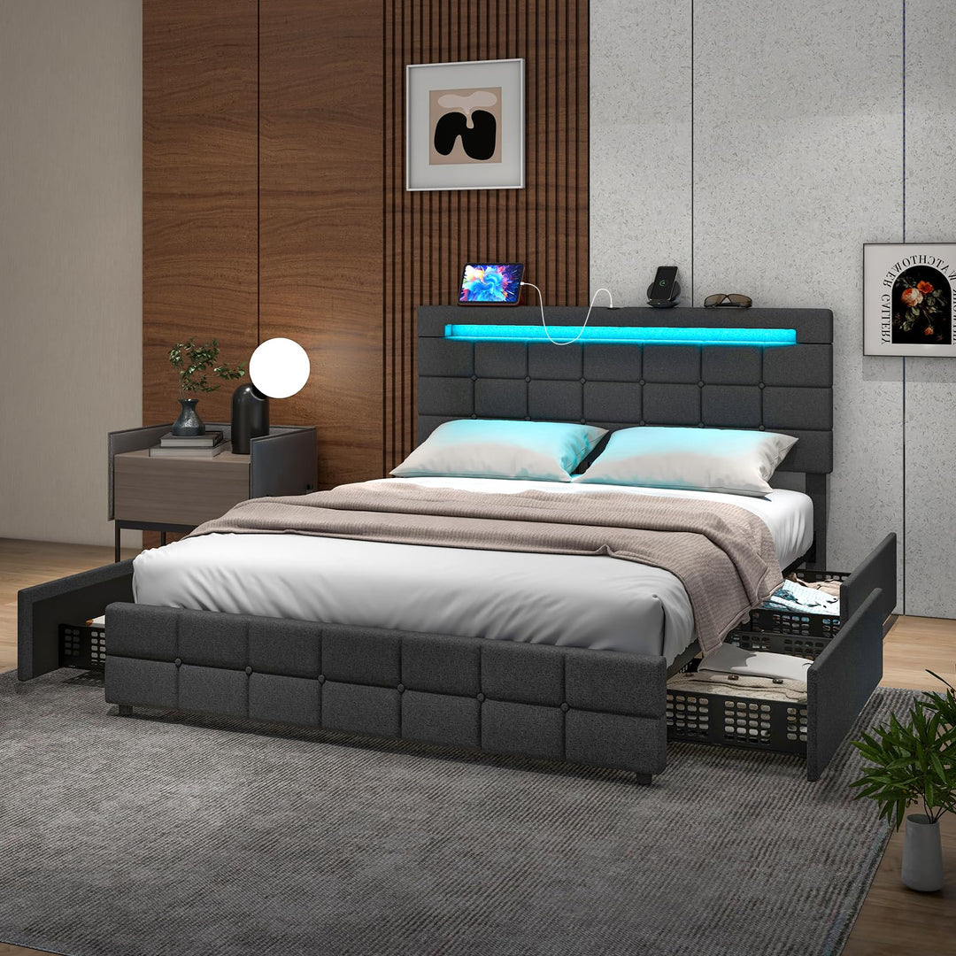 Giantex Full/Twin Size Bed Frame with LED Lights and 4 Drawers