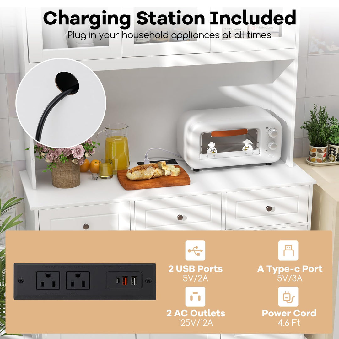 Giantex Pantry Cabinet, 77” Tall Buffet Cabinet with Hutch, LED Lights &amp; Charging Station