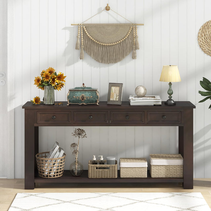 Giantex 63" Farmhouse Entryway Table, Narrow Console Table w/ 4 Storage Drawers &amp; Open Shelf