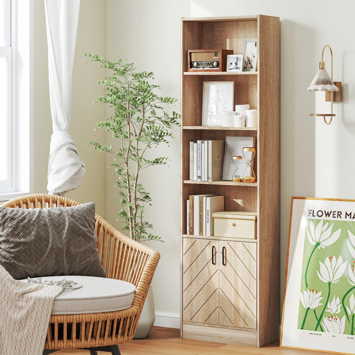Giantex 6-Tier Bookshelf with Double Doors, 71" Tall Bookcase w/ 4 Open Cubes &amp; 3 Adjustable Shelves