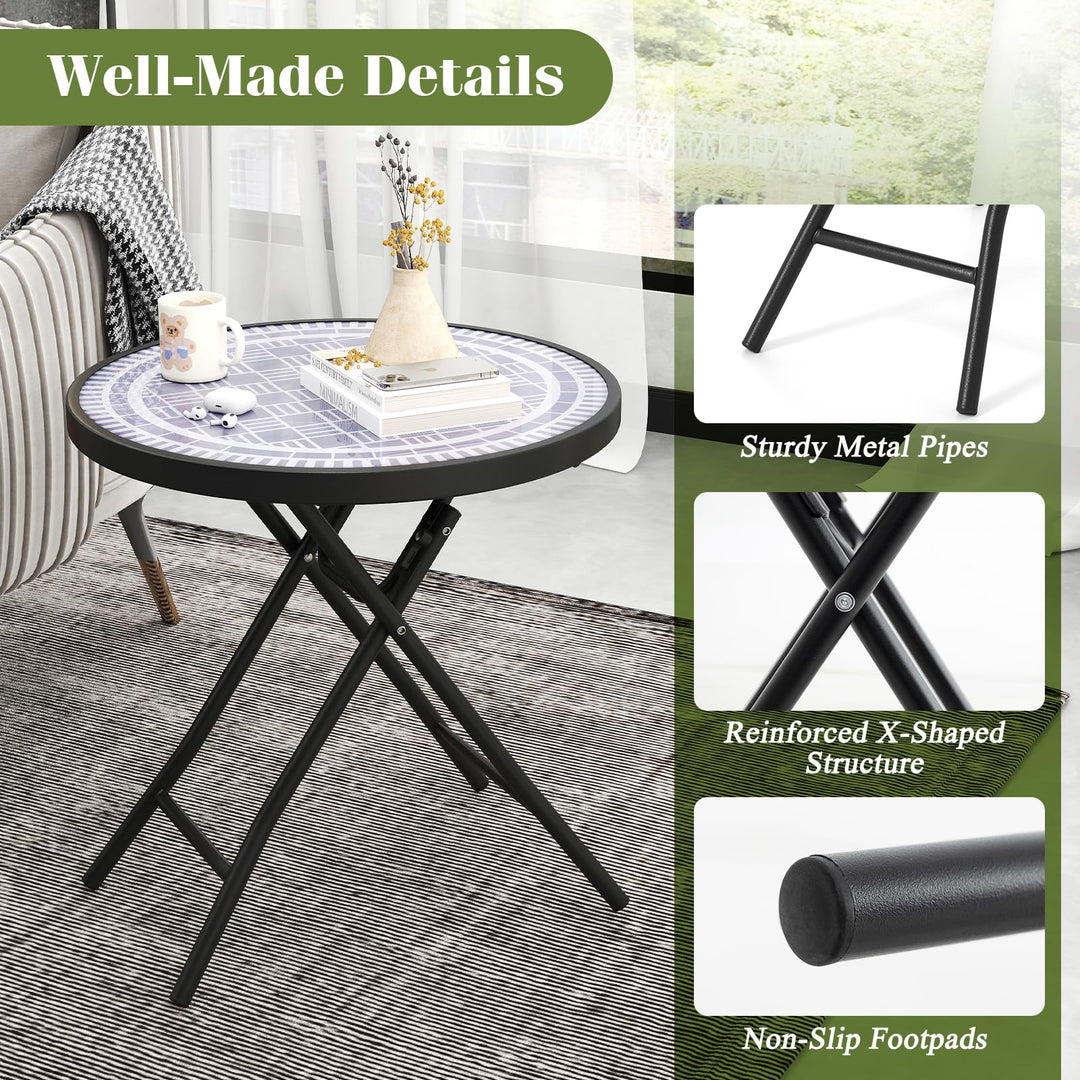 Giantex Folding Outdoor Side Table - 18” Round End Table with Tempered Glass Tabletop &amp; Metal Frame