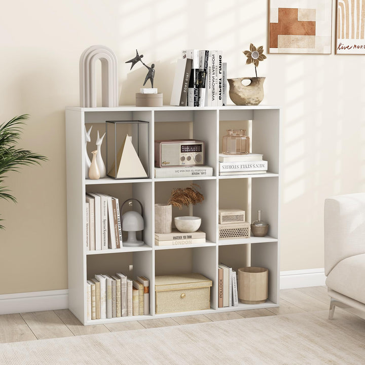 Giantex 9-Cube Bookcase, White Cubby Bookshelf w/Back Guardrail &amp; Anti-Tipping Kits