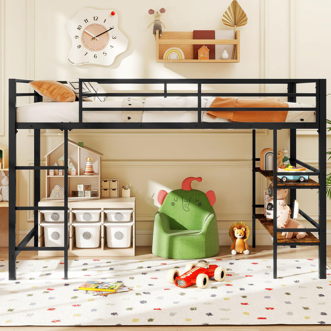 Giantex Low Loft Bed Twin Size Heavy Duty Metal Frame w/Storage Shelves