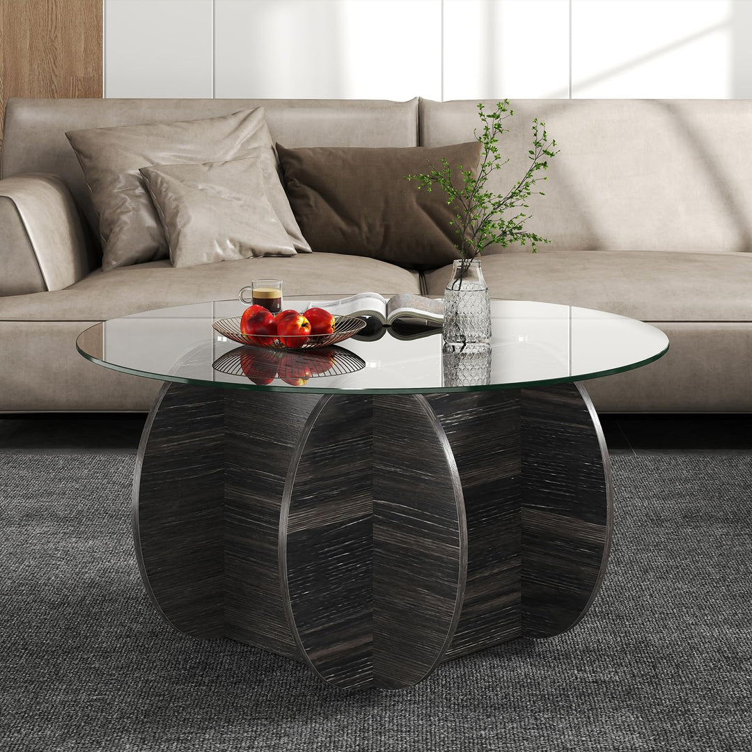 Giantex 35" Glass Round Coffee Table with Storage Tempered Glass Top &amp; Solid Wood Base