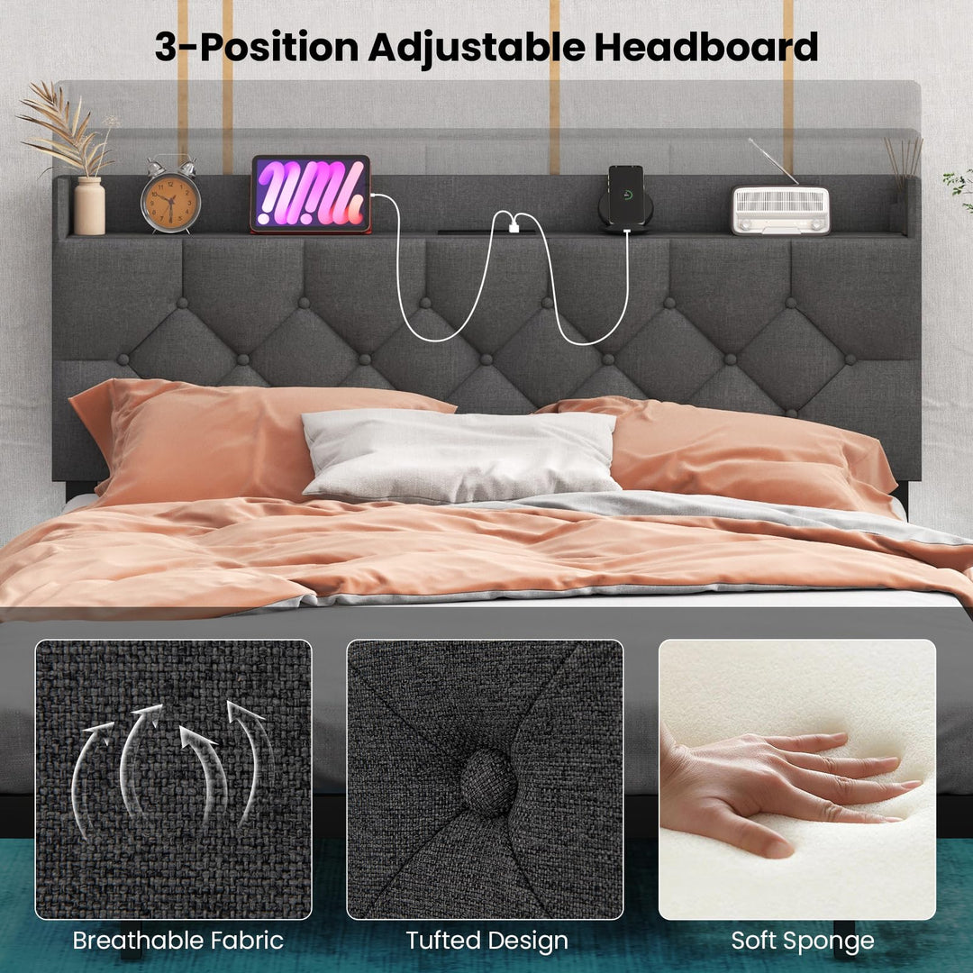 Giantex Queen/Full Size Floating Bed Frame with LED Lights, Modern Platform Bed with Adjustable Upholstered Headboard &amp; Charging Station