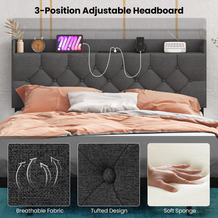 Giantex Queen/Full Size Floating Bed Frame with LED Lights, Modern Platform Bed with Adjustable Upholstered Headboard &amp; Charging Station