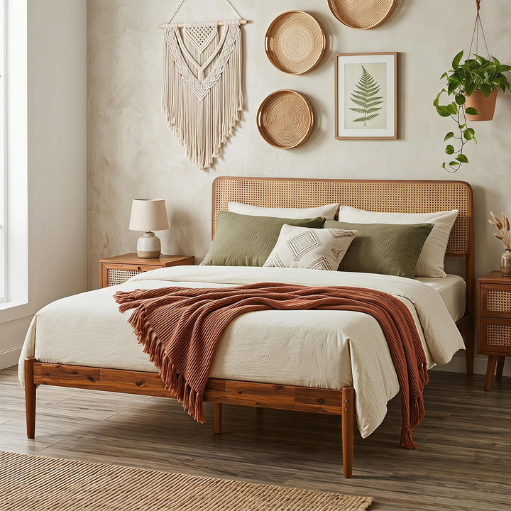 Giantex Wooden Bed Frame Full/Twin/Queen Size with Rattan Headboard