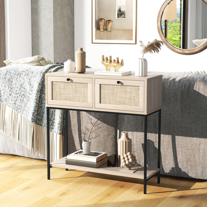 Giantex Console Table with Rattan Drawers - 31.5" Entryway Table w/ 2 Drawers &amp; Open Storage Shelf