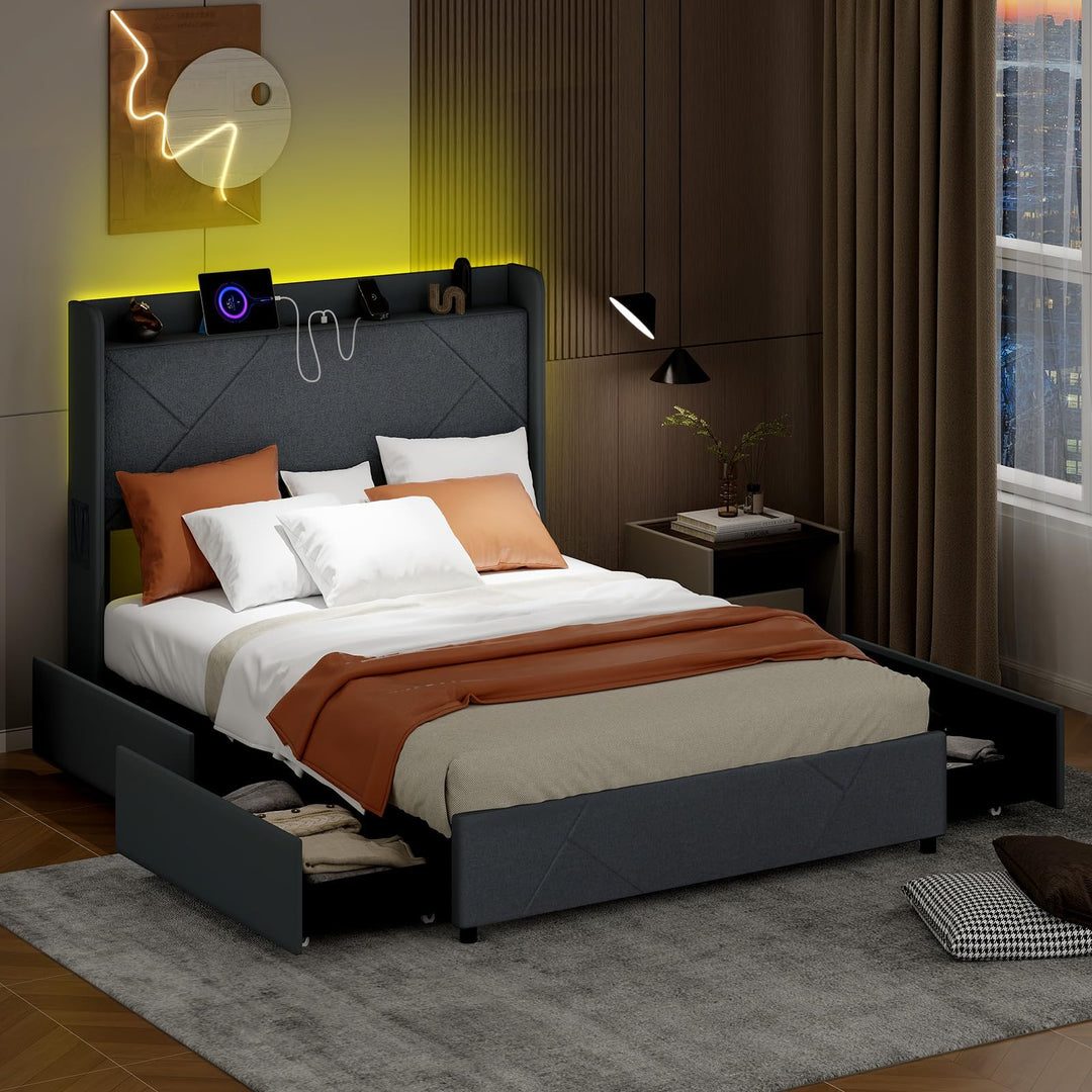 Giantex Full/Queen Size Bed Frame with 4 Storage Drawers &amp; LED Lights, Headboard &amp; Charging Station, Wooden Slats, Easy Assembly, Grey