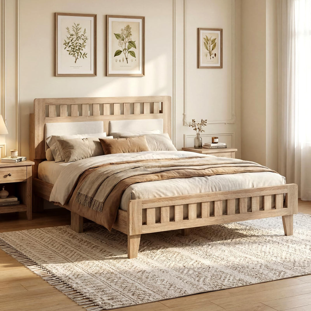Giantex Mid-Century Wood Bed Frame with Upholstered Headboard (Full/Twin/Queen)