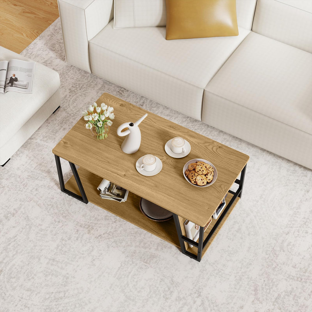 Giantex Rectangle Coffee Table 2-tier Industrial Accent Table with Storage Shelf and Compartment