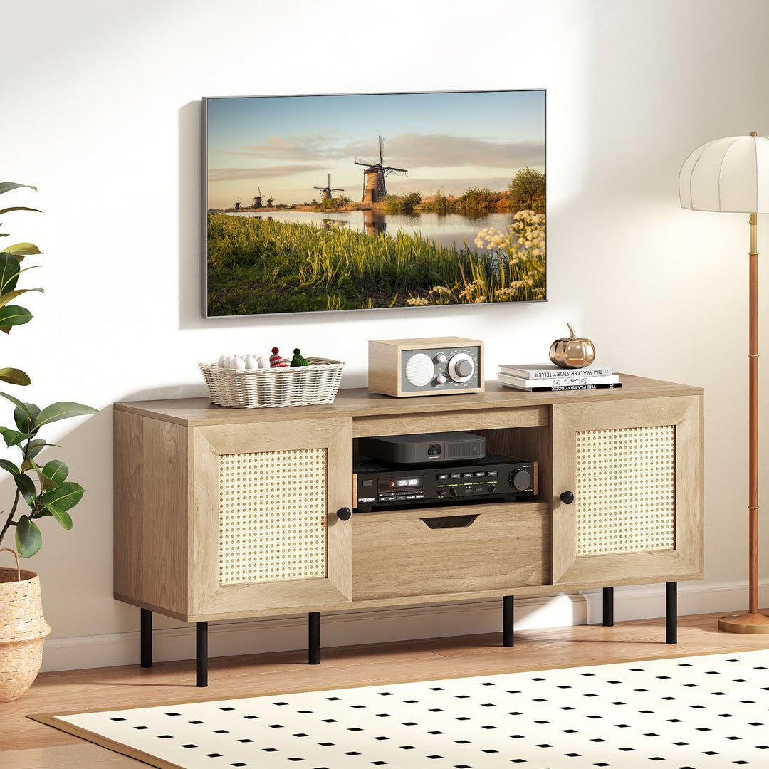 Giantex Boho TV Stand for 50-60 Inch TV with Storage Cabinets Drawer &amp; PE Rattan Doors