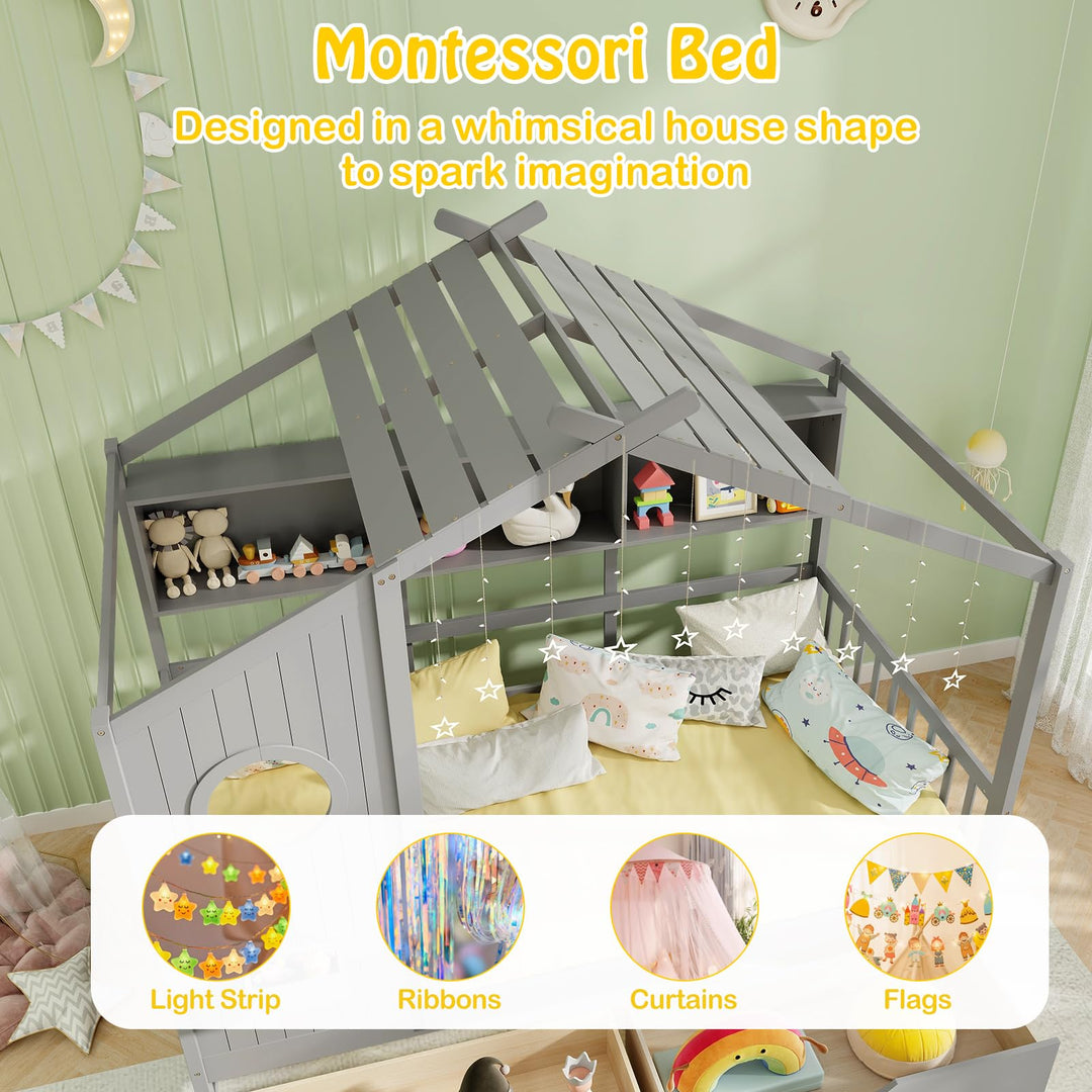 Giantex Twin House Bed with 2 Storage Drawers, Kids Bed Frame with Storage Cubes, Montessori Bed with Fence Guardrails &amp; Roof
