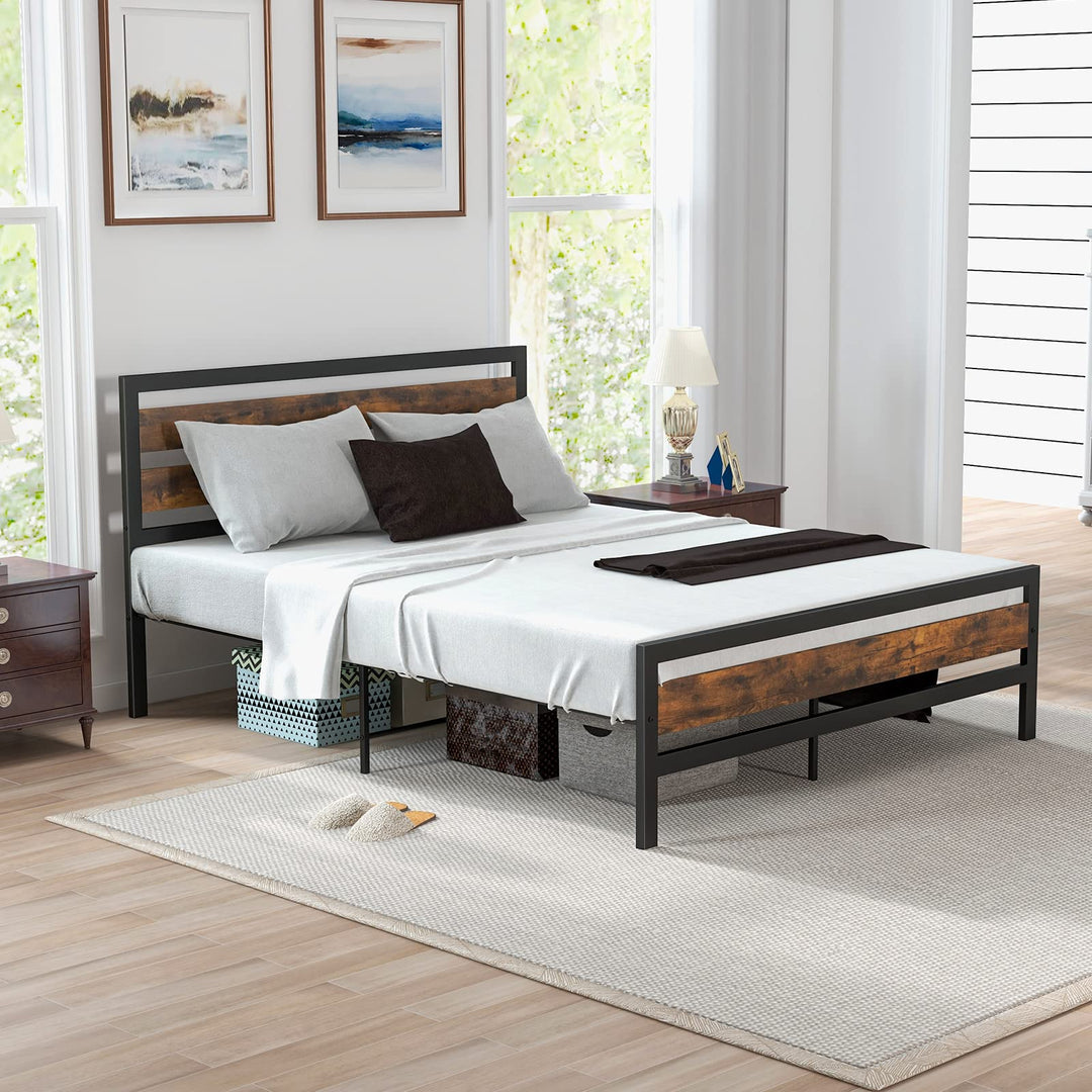 Giantex Queen Metal Platform Bed Frame with Wooden Headboard &amp; Footboard, Rustic Brown