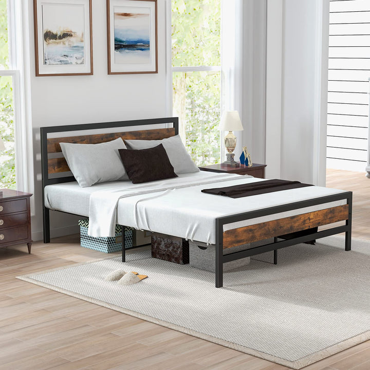 Giantex Queen Metal Platform Bed Frame with Wooden Headboard &amp; Footboard, Rustic Brown