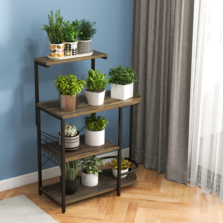 Giantex Kitchen Bakers Rack, 4-Tier Microwave Stand with 6 Hooks &amp; Stemware Racks (Rustic Brown)