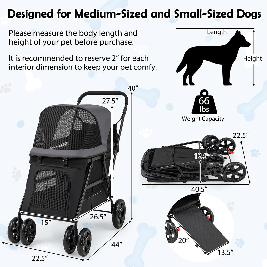 Giantex Dog Stroller with Low Entry &amp; Ramp Access, Cat Stroller with Lockable &amp; Shock-Absorbing All-Terrain Wheels
