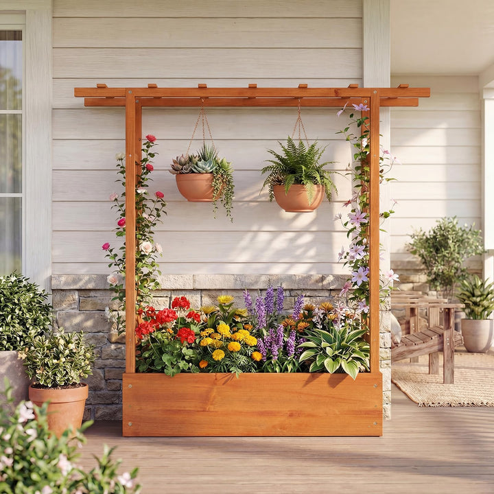 Giantex Wooden Raised Garden Bed with Trellis &amp; Hanging Roof