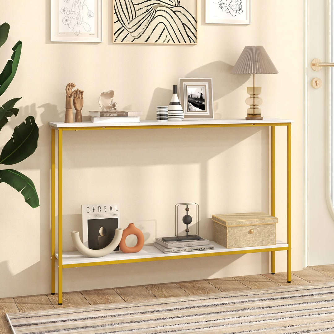 Giantex Gold Console Table with Shelf, 44" Narrow Entryway Table w/Dual Anti-Tipping Kits &amp; Golden Metal Frame