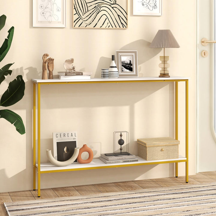 Giantex Gold Console Table with Shelf, 44" Narrow Entryway Table w/Dual Anti-Tipping Kits &amp; Golden Metal Frame