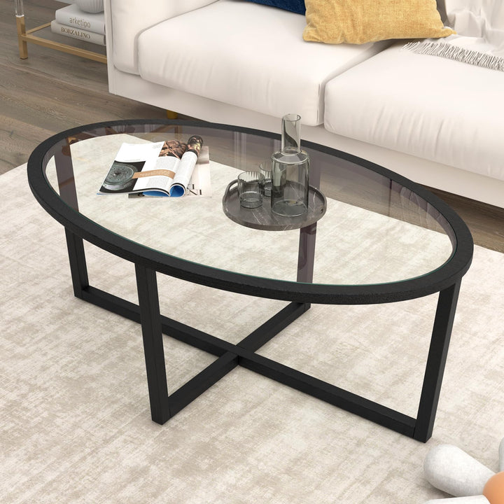 Giantex Glass Coffee Table, 46.5" Oval Accent Sofa Tea Table with Tempered Glass Top, Cross Base &amp; Acacia Wood Legs