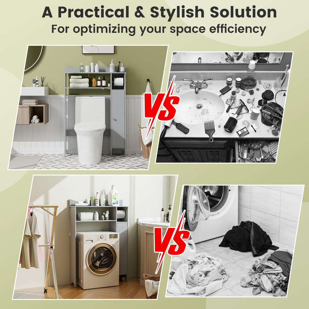 Giantex Over-The-Toilet Storage Cabinet, Bathroom Freestanding Space Saver with 1-Door Side Storage Cabinet &amp; Paper Holder