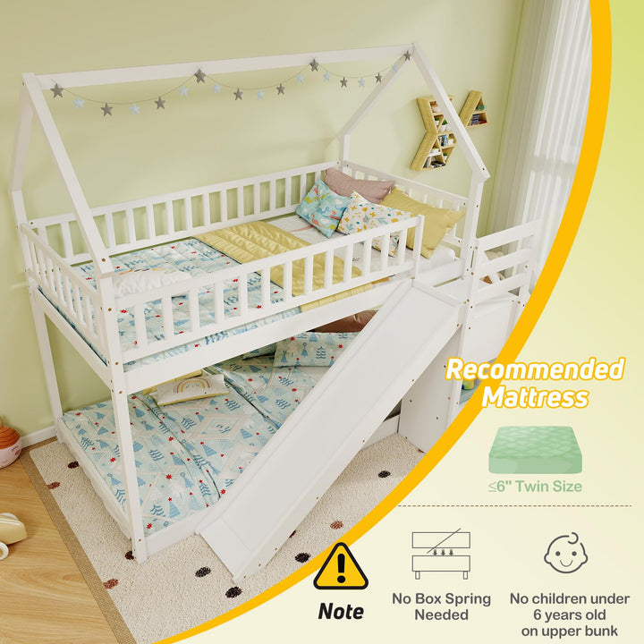 Giantex House Bunk Bed Twin Over Twin with Slide and Stairs