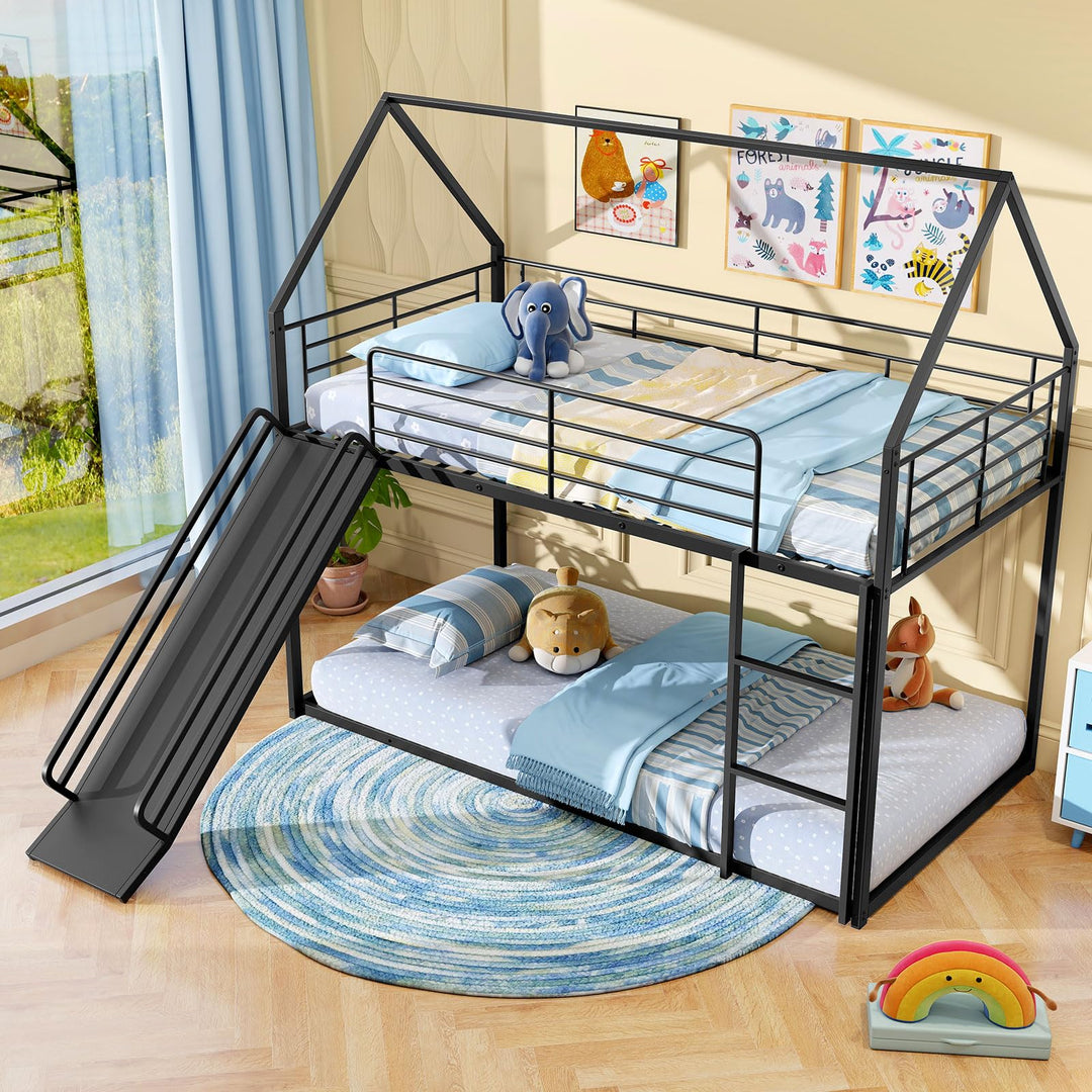 Giantex Twin Over Twin Bunk Bed with Slide &amp; Ladder House-Shaped Metal Bunk Bed Frame with Safety Guardrail &amp; Roof