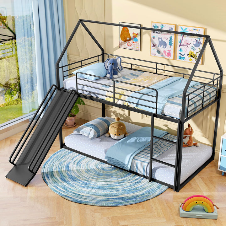 Giantex Twin Over Twin Bunk Bed with Slide &amp; Ladder House-Shaped Metal Bunk Bed Frame with Safety Guardrail &amp; Roof