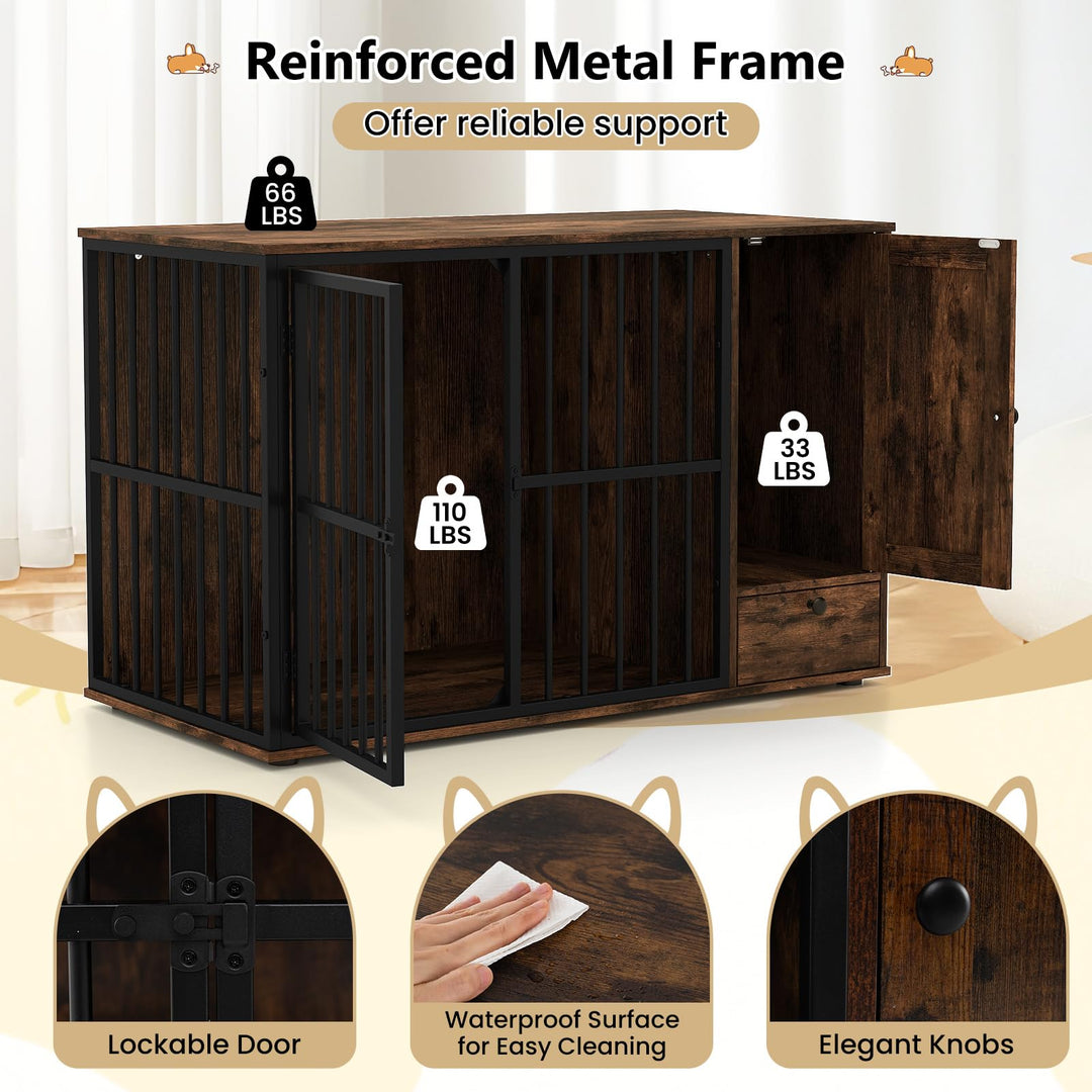 Giantex 47.5" Dog Crate Furniture with Hidden Feeding Drawer &amp; Side Storage Cabinet