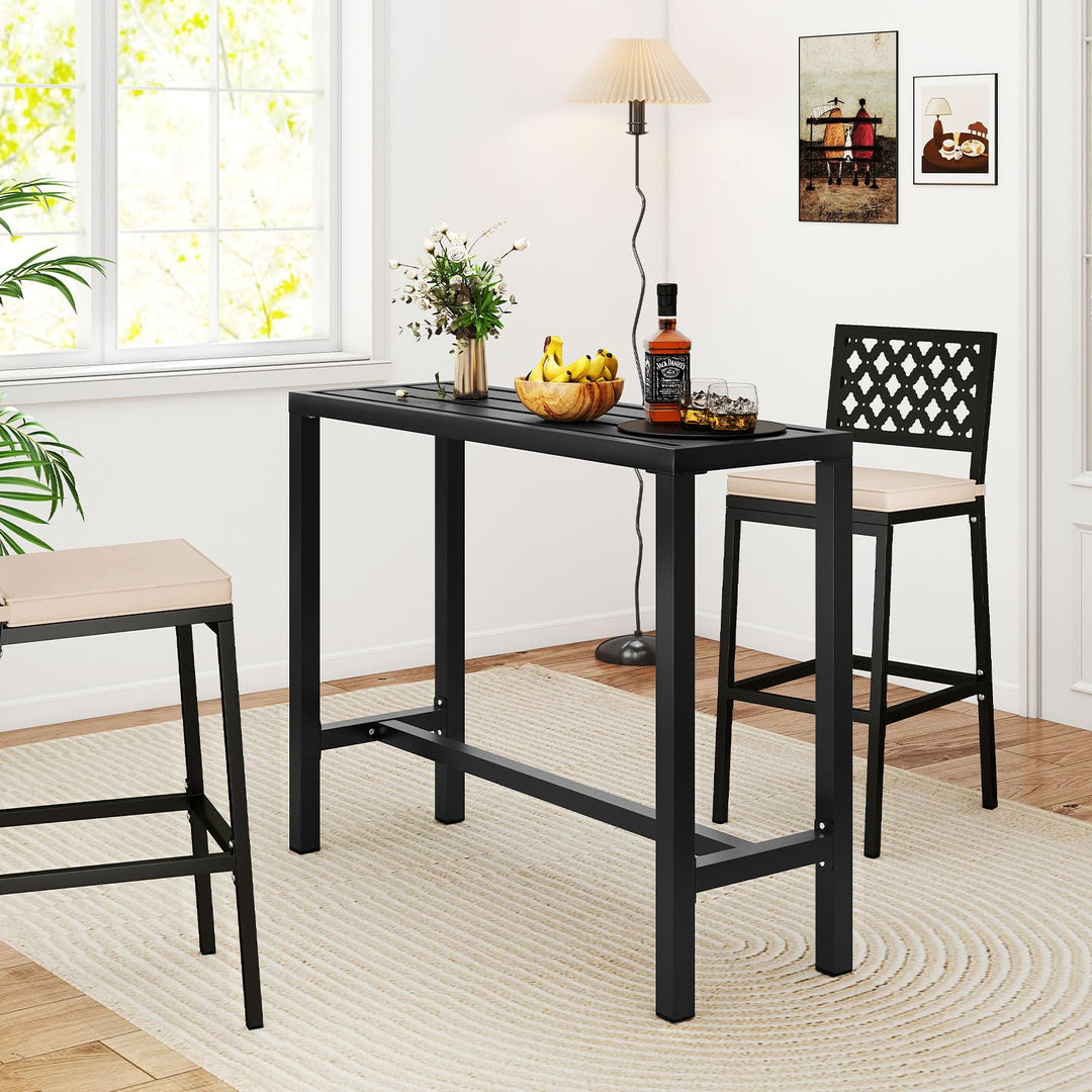 Giantex 48" Outdoor Rectangle Bar Table with Counter Height Slatted Top &amp; Footrest, Black