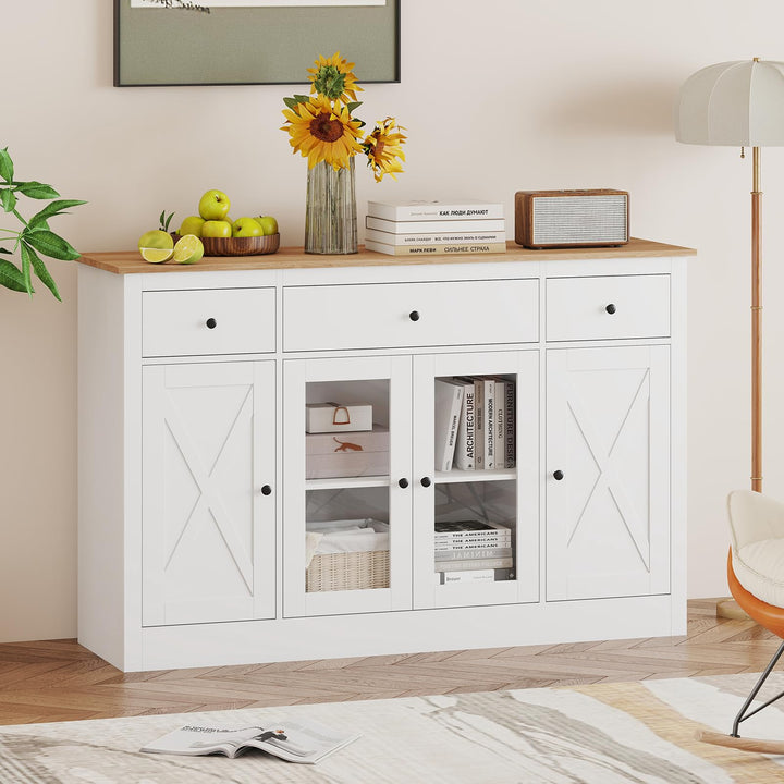 Giantex 55" Large Buffet Sideboard with 3 Drawers &amp; 2 See-Through Doors