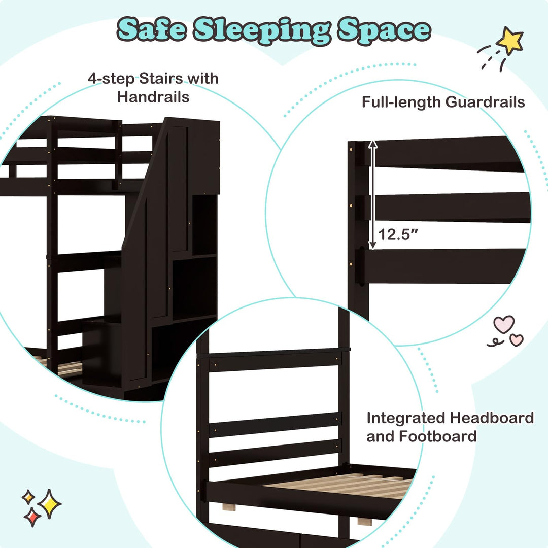 Giantex Bunk Bed Twin Over Twin with Storage Stairs &amp; Drawers, Solid Wood Bunk Bed with Full-Length Guardrails