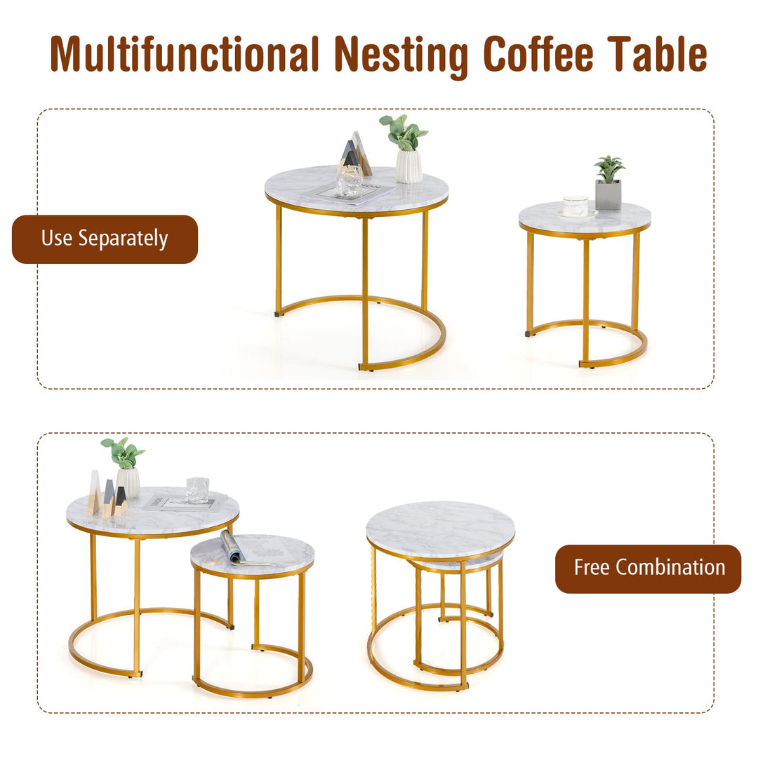 Giantex Nesting Coffee Table Set of 2, Round Stacking Side Tables with Wooden Tabletop &amp; Powder Coated Steel Frame