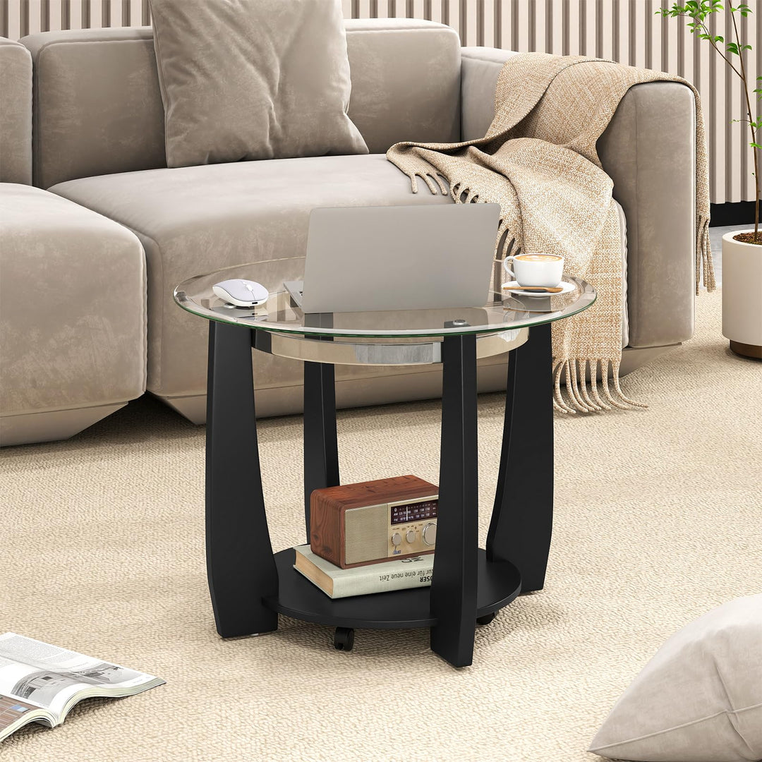 Giantex Round Glass Coffee Table 32" Rolling Center Tables with Wheels