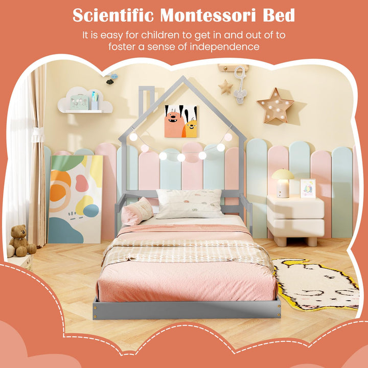 Giantex Twin Floor Bed for Kids, Wood Montessori Floor Bed with Chimney Headboard &amp; Handrail