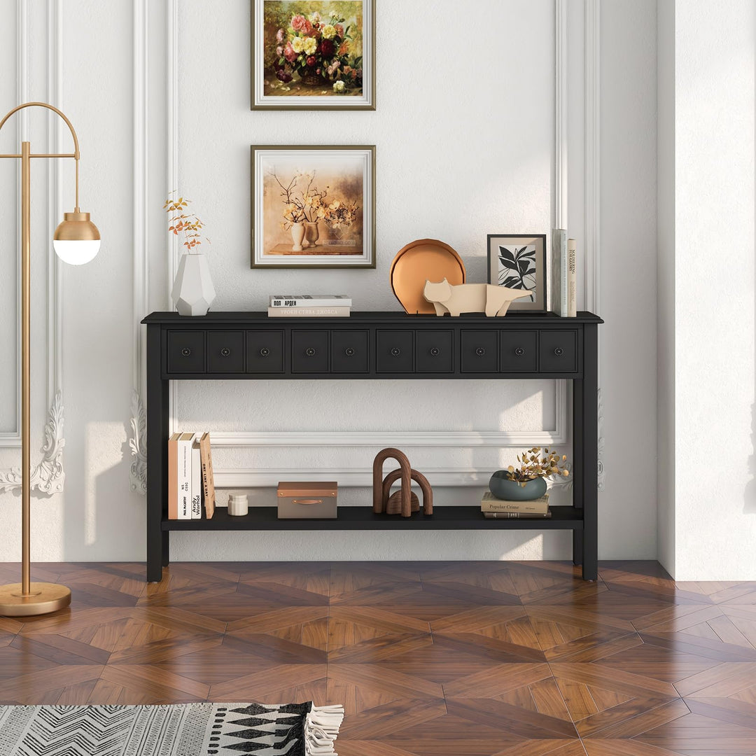 Giantex Narrow Console Table with Storage - 60" Long Sofa Side Table w/ 4 Drawers &amp; Open Shelf, Espresso
