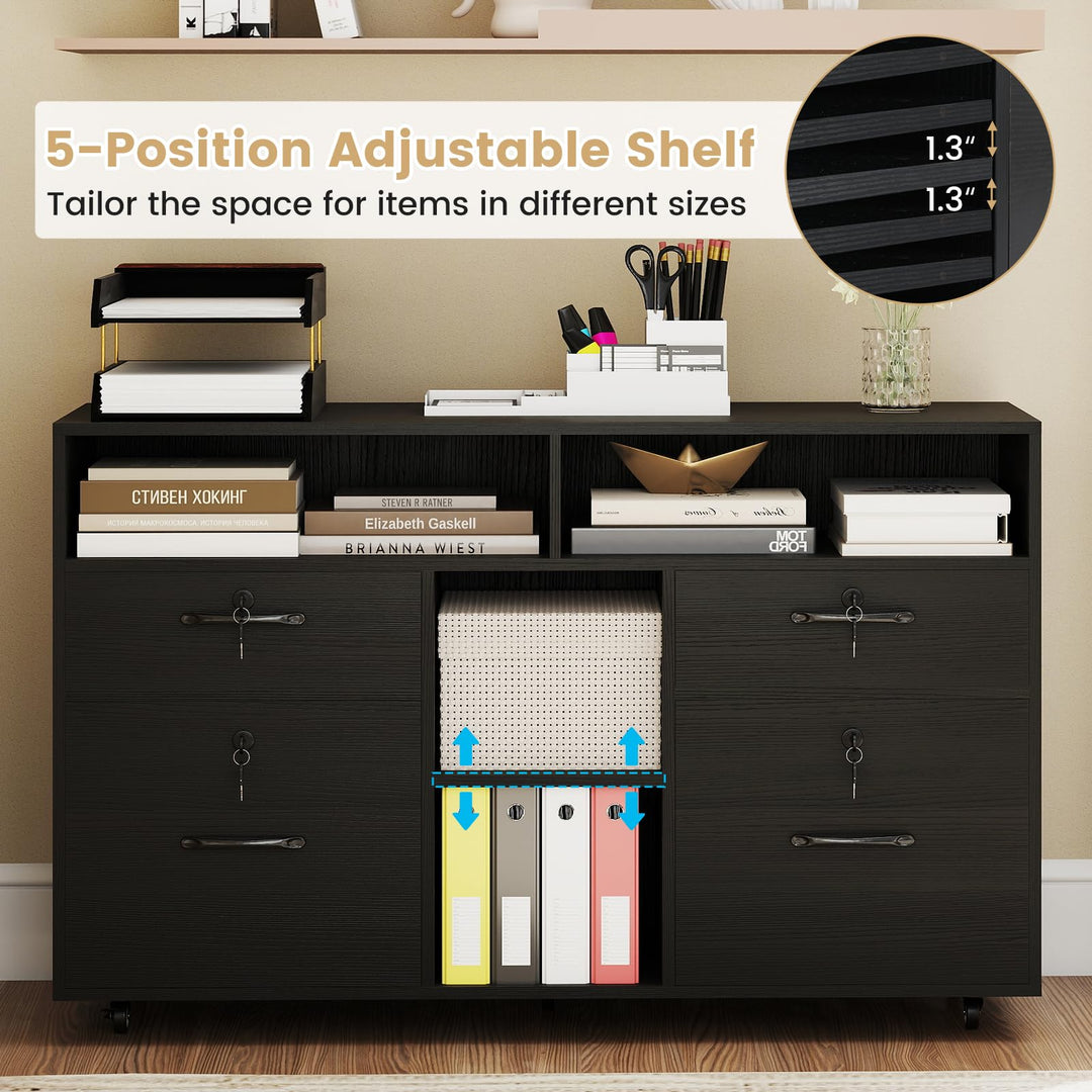 Giantex 4-Drawer Lateral File Cabinet with Lock &amp; 5 Rolling Wheels (2 Lockable)