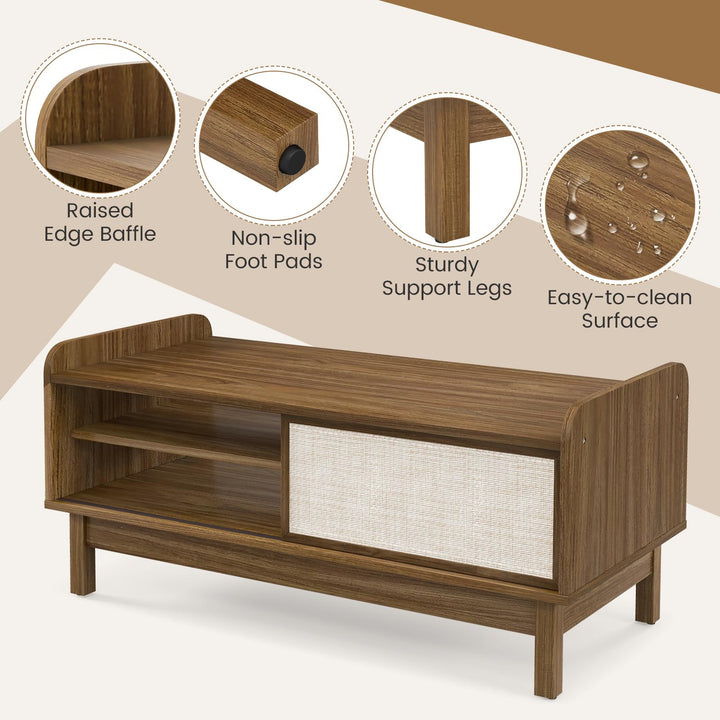 Giantex Coffee Table with Storage and Sliding Doors, Mid-Century Modern Coffee Table with Adjustable &amp; Removable Shelf