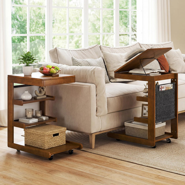 Giantex C-Shaped End Table with Wheels w/Adjustable Desktop