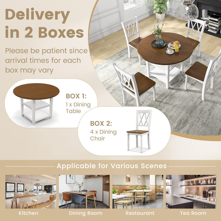 Giantex Dining Table Set for 4 w/Drop Leaf Round Kitchen Table &amp; 4 Chairs, Dining Room Table w/Storage