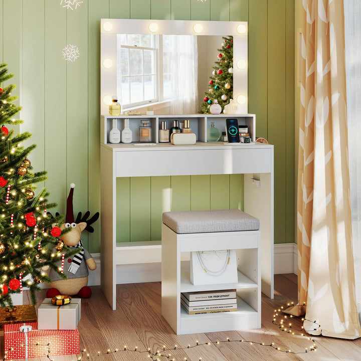 CHARMAID 31.5 Inches Vanity Desk with 3 Lighting Modes and Storage Shelves