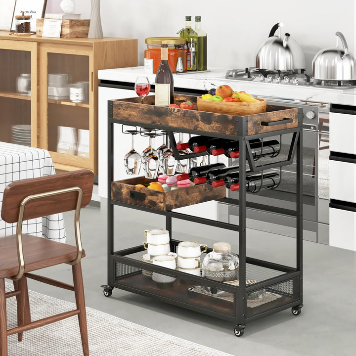 Giantex Rolling Bar Cart, 3-Tier Industrial Buffet Serving Cart with Wine Rack, Stemware Rack &amp; Removable Tray