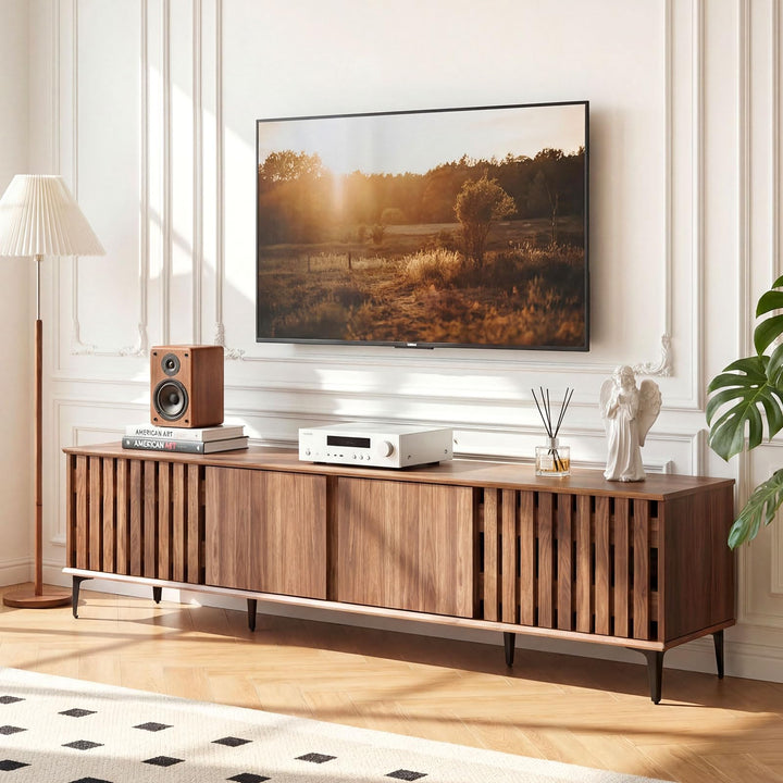 Giantex 4-Door Slatted TV Stand for 80 Inches TVs for Living Room Bedroom