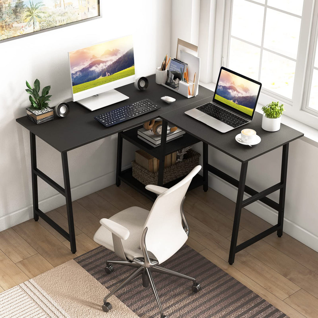 Giantex L Shaped Desk with Power Outlets &amp; USB Ports, 48" Corner Gaming Desk with 2 Tier Storage Shelves