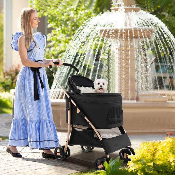 Giantex Pet Stroller 3-in-1, Folding Dog Stroller Detachable Carrier Car Seat (Black &amp; Gold)
